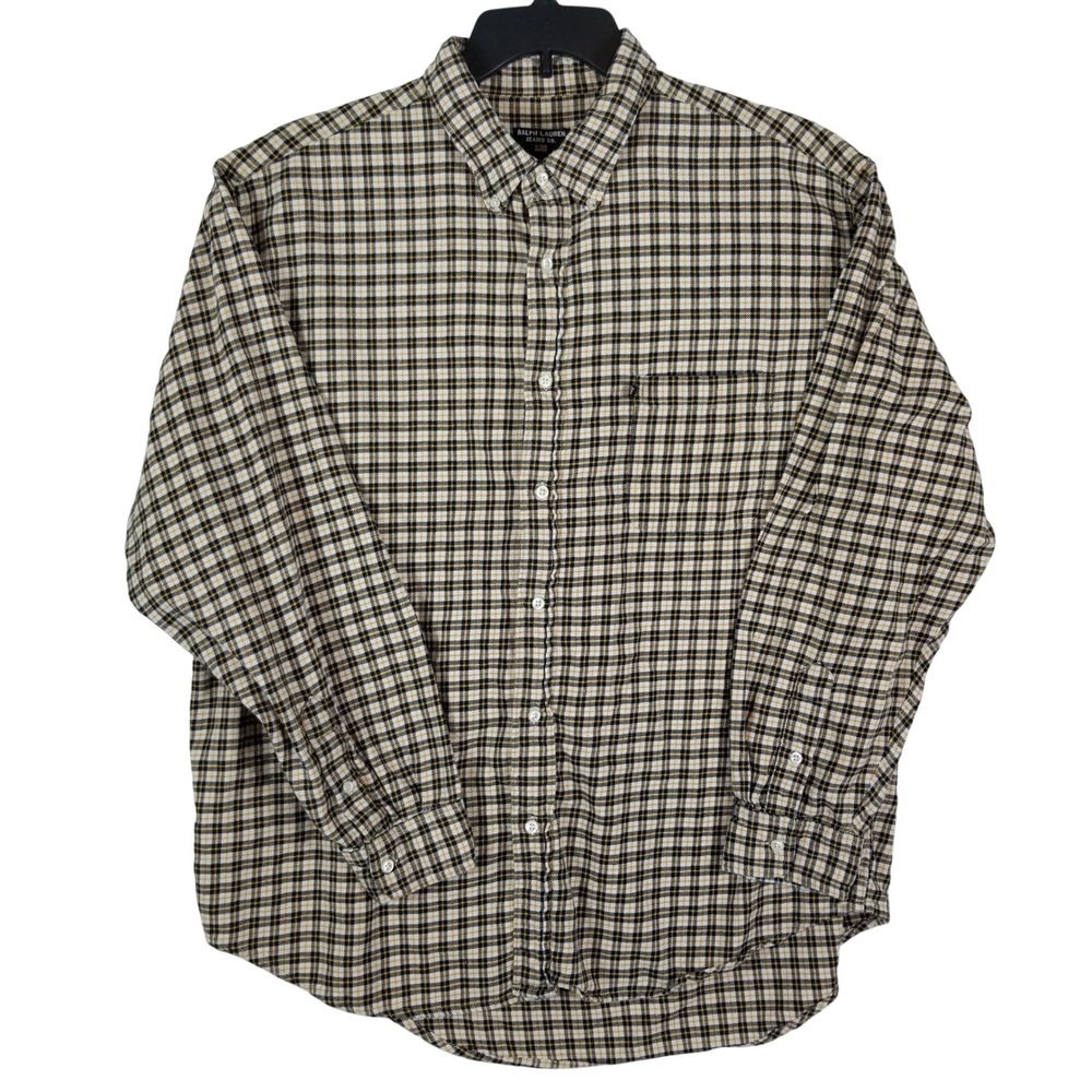 Ralph Lauren Jeans Button Down Shirt Mens XL Tan Black Plaid Cotton Long Sleeve
